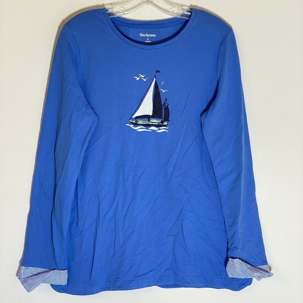 Kim Rogers Top Womens Small Blue Knit Nautical Sailboat Long Sleeve Cuffs Ocean
